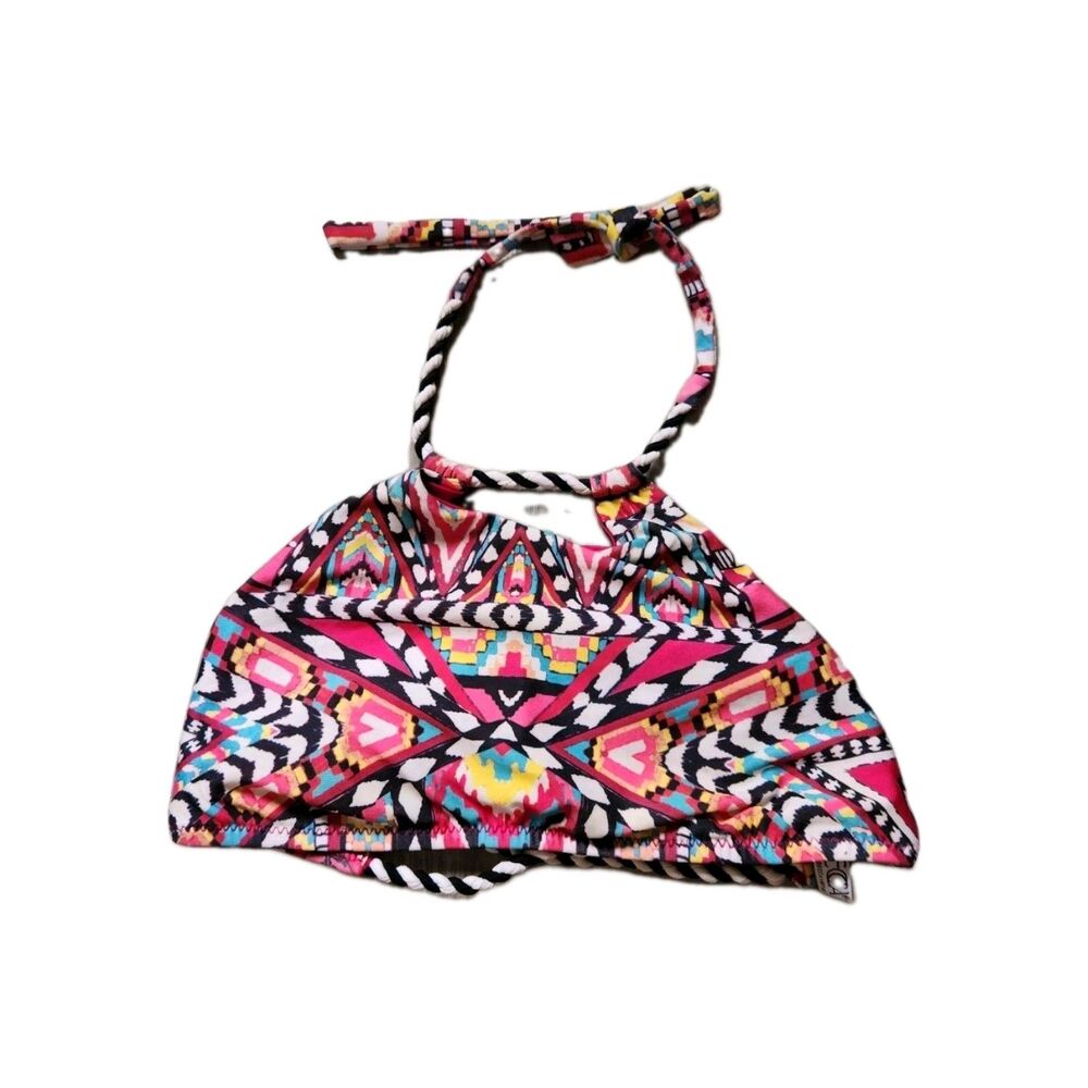 Becca Rebecca Virtue Pink Geometric Halter Bikini Top Strap Back Sz M EUC